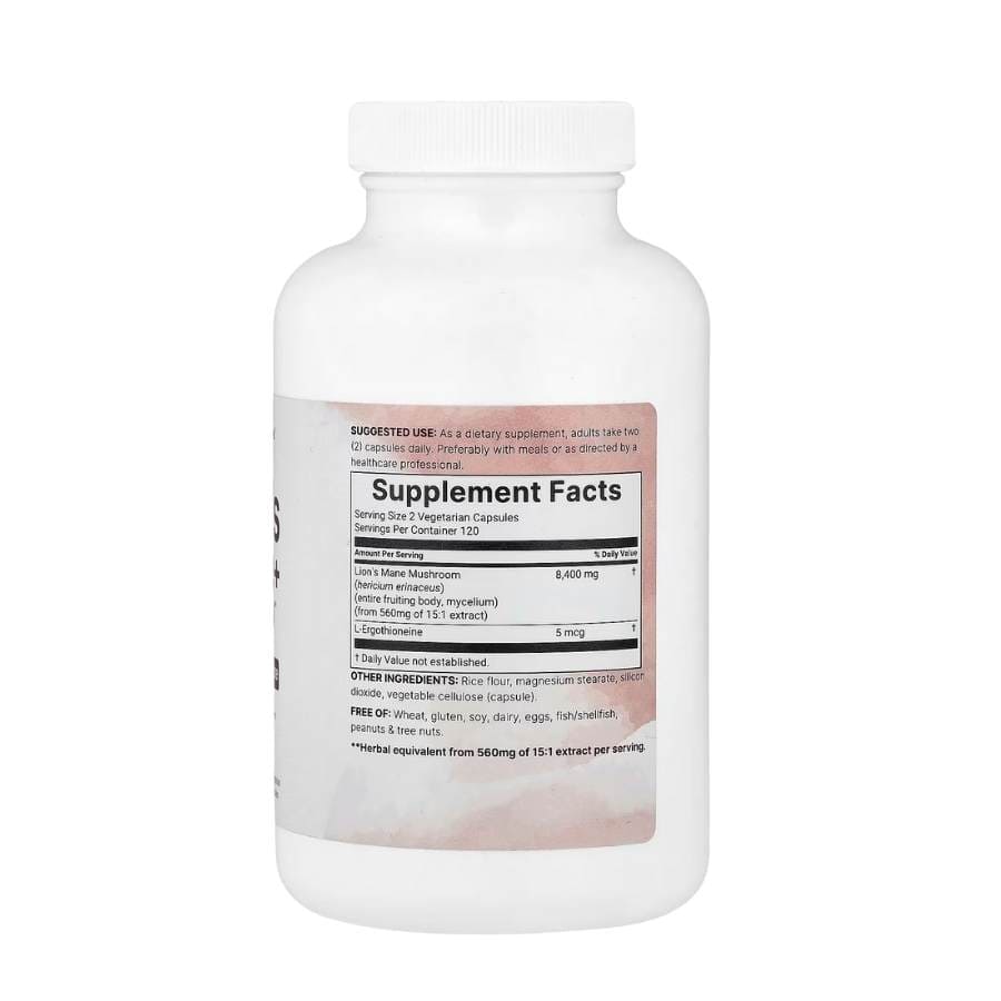 Melena de León con L-Ergotioneína, 120 cápsulas de origen vegetal | Apoyo para la salud cerebral, energética y inmunológica | Sin OMG