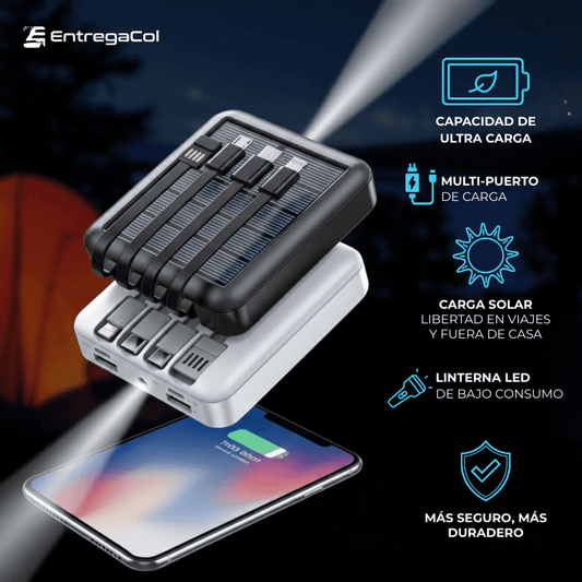 Cargador Solar 20000mAh Mini Banco de energía Solar Incorporado Cable USB Tipo C Cargador de batería Externa portátil Banco de energía, Negro