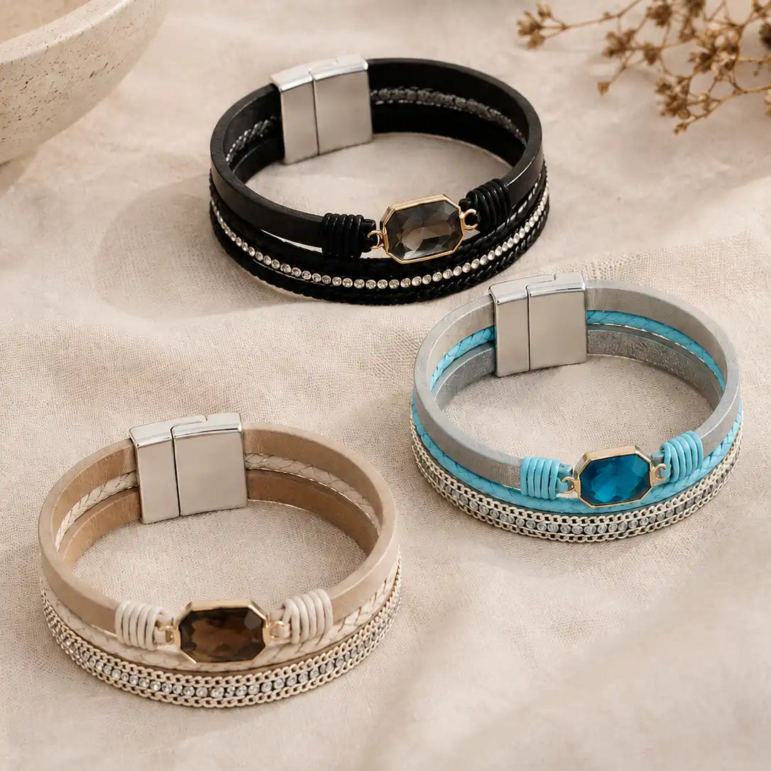 Brazalete Deluxe Multicapa en Cuero Trenzado con Cuarzo Ahumado