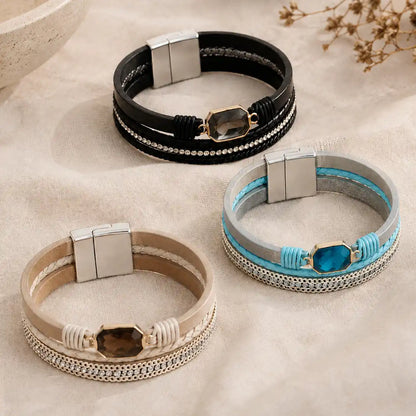 Brazalete Deluxe Multicapa en Cuero Trenzado con Cuarzo Ahumado