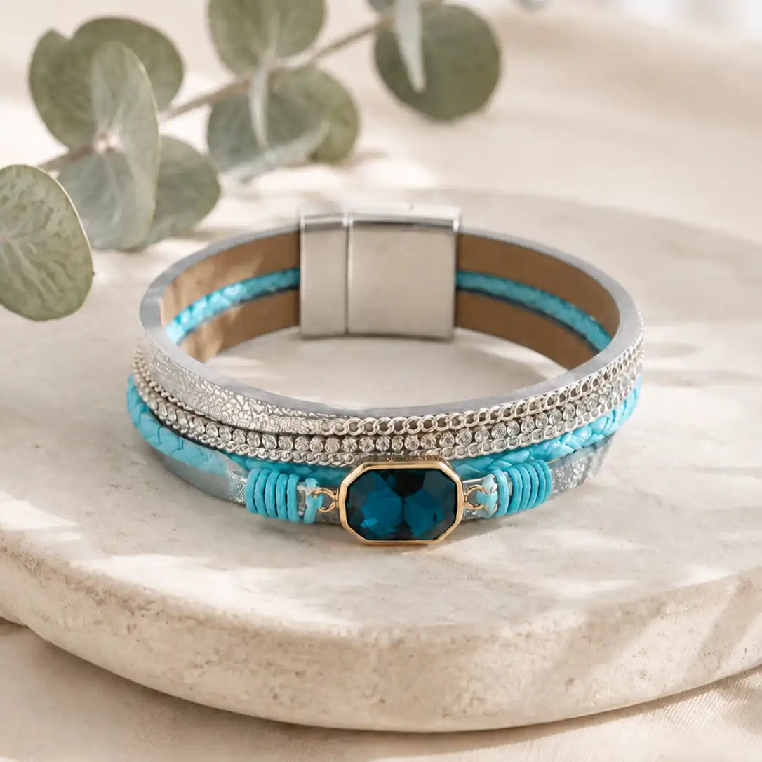 Brazalete Deluxe Multicapa en Cuero Trenzado con Cuarzo Ahumado