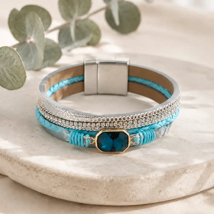 Brazalete Deluxe Multicapa en Cuero Trenzado con Cuarzo Ahumado