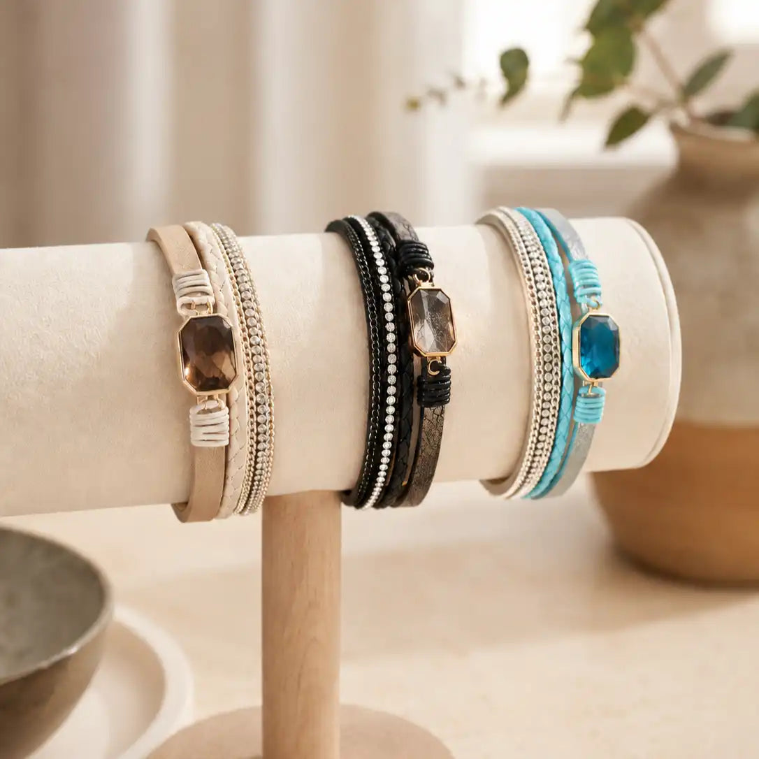 Brazalete Deluxe Multicapa en Cuero Trenzado con Cuarzo Ahumado