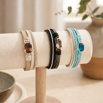 Brazalete Deluxe Multicapa en Cuero Trenzado con Cuarzo Ahumado