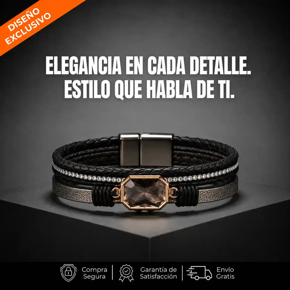 Brazalete Deluxe Multicapa en Cuero Trenzado con Cuarzo Ahumado
