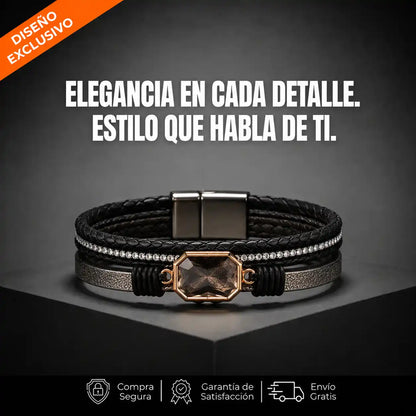 Brazalete Deluxe Multicapa en Cuero Trenzado con Cuarzo Ahumado