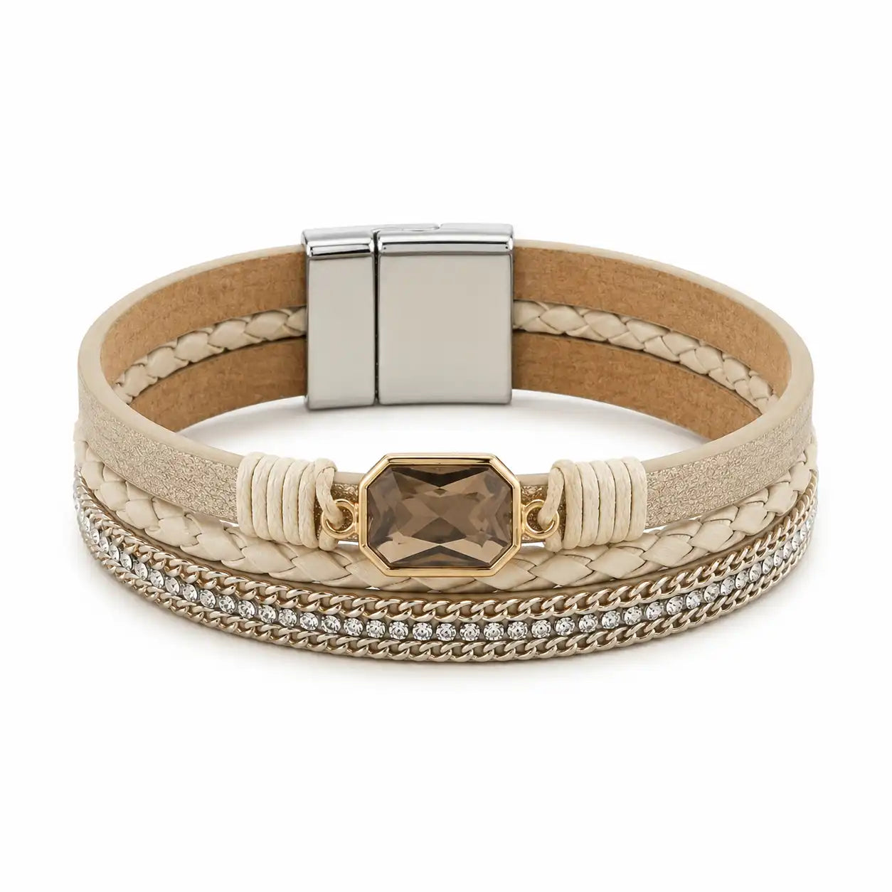 Brazalete Deluxe Multicapa en Cuero Trenzado con Cuarzo Ahumado