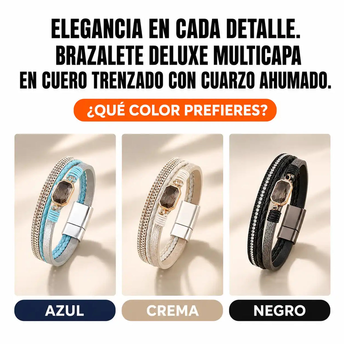 Brazalete Deluxe Multicapa en Cuero Trenzado con Cuarzo Ahumado