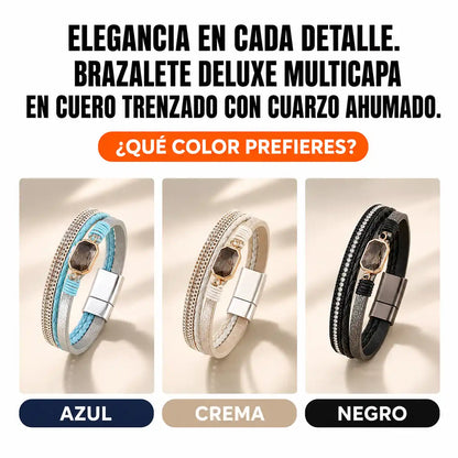 Brazalete Deluxe Multicapa en Cuero Trenzado con Cuarzo Ahumado