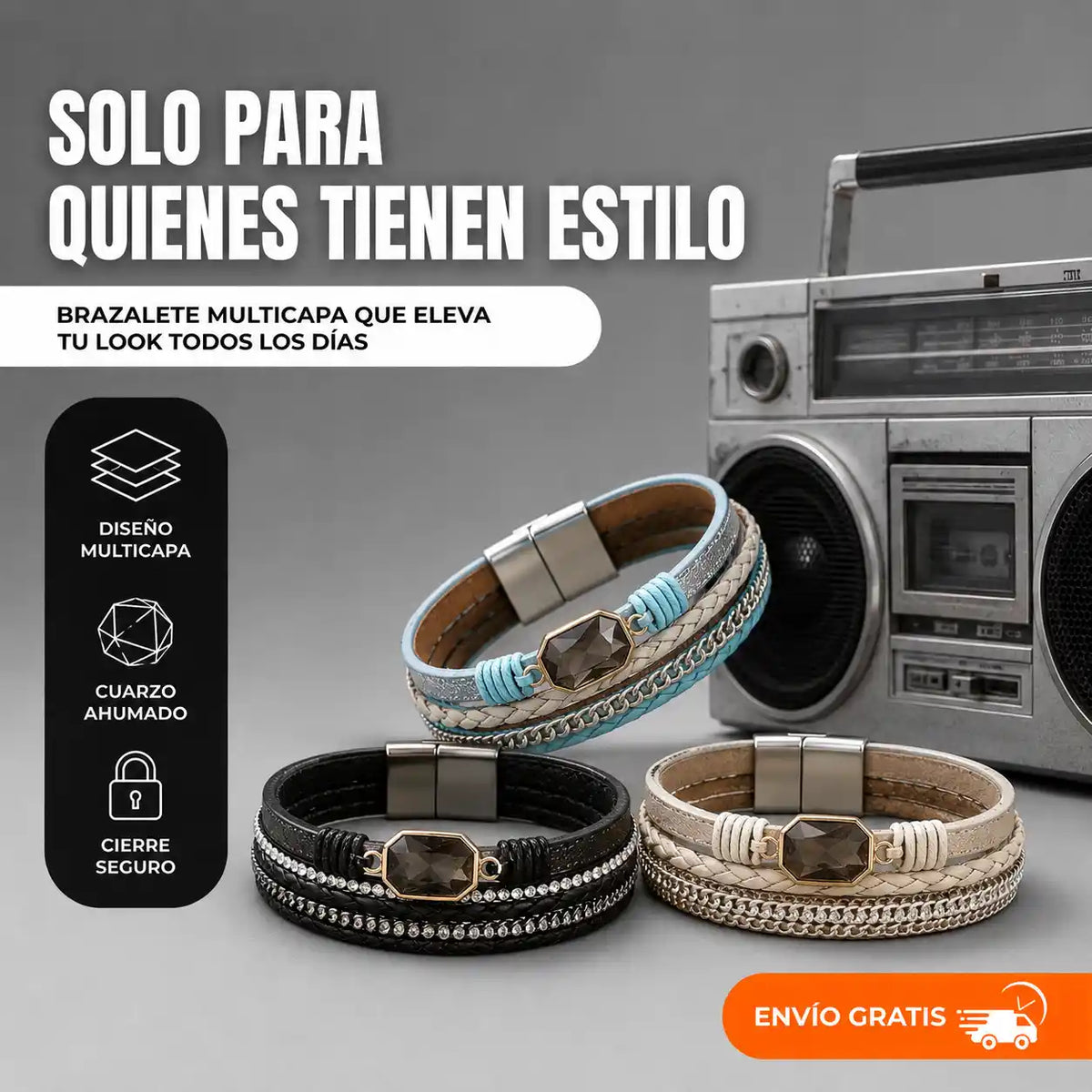 Brazalete Deluxe Multicapa en Cuero Trenzado con Cuarzo Ahumado