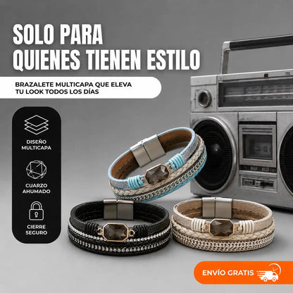Brazalete Deluxe Multicapa en Cuero Trenzado con Cuarzo Ahumado